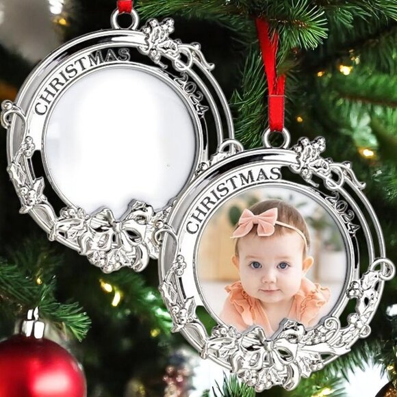 Set of 2 Christmas Silver 3.5" x 3.5" Round Photo Frame Engraved Tree Ornament - Picture 7 of 11